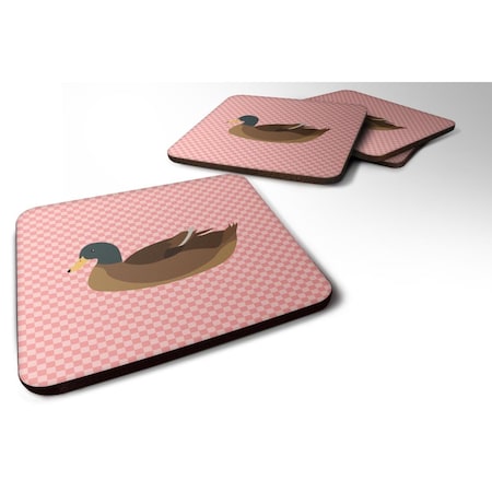 Khaki Campbell Duck Pink Check Foam Coaster, Set Of 4